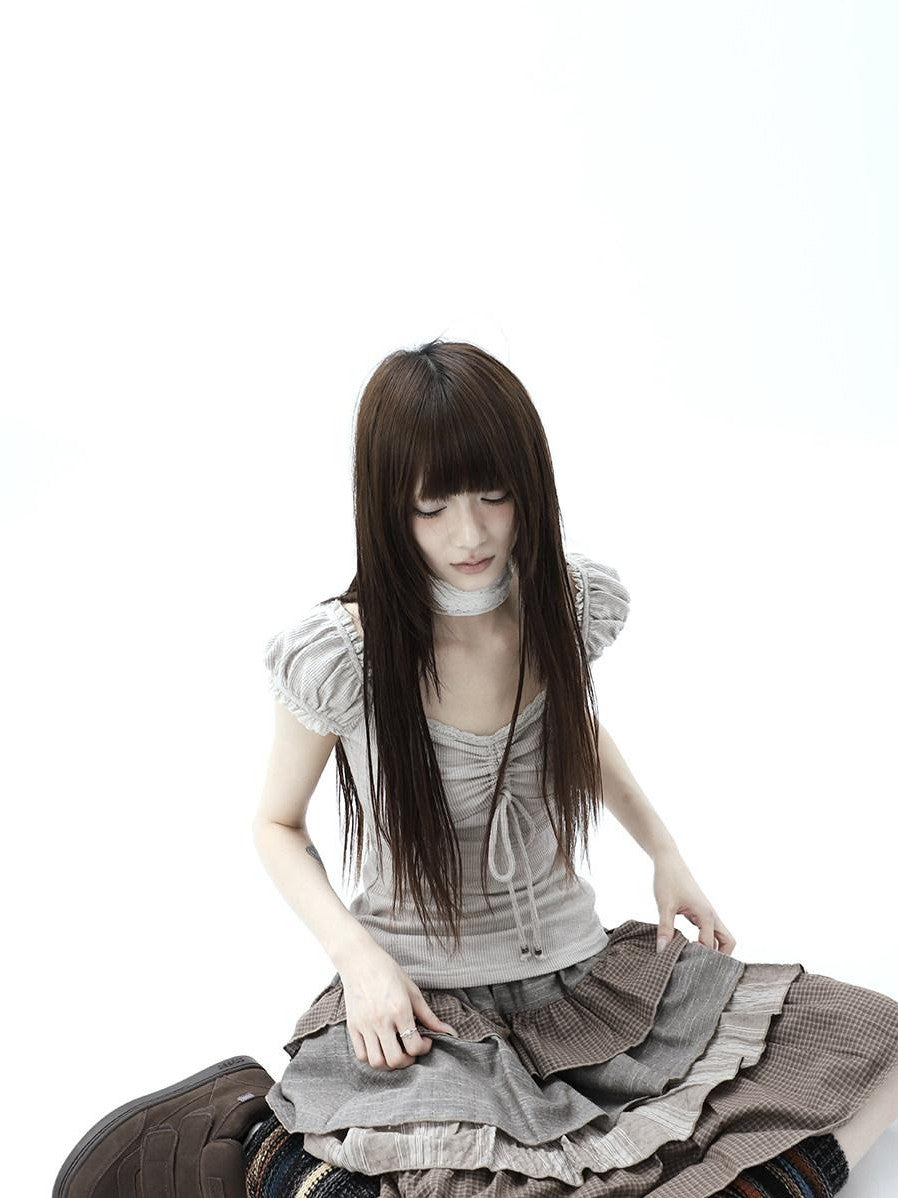 ang project Oatmeal Lace Spliced Pleated Puff Tie Women&