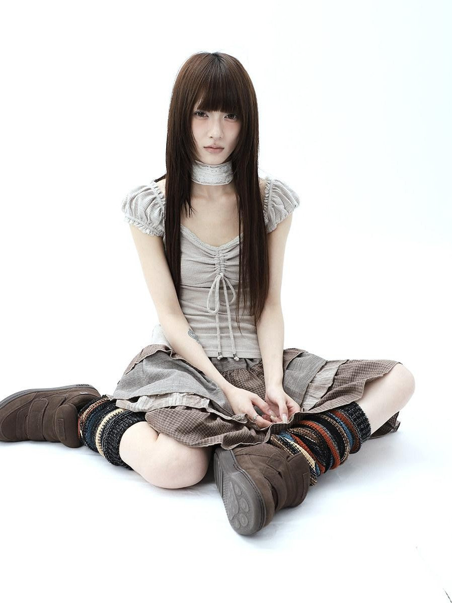 ang project Oatmeal Lace Spliced Pleated Puff Tie Women&