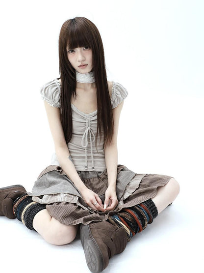 ang project Oatmeal Lace Spliced Pleated Puff Tie Women&