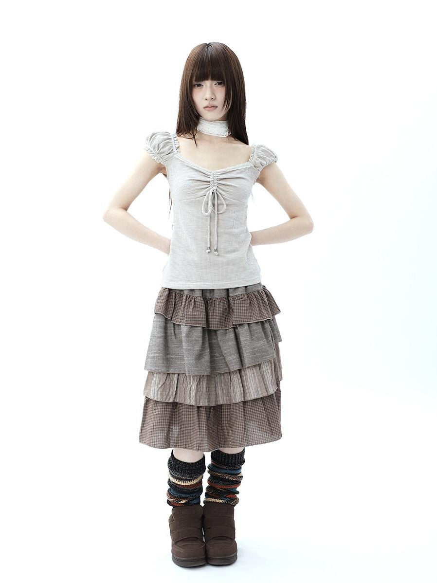 ang project Oatmeal Lace Spliced Pleated Puff Tie Women&