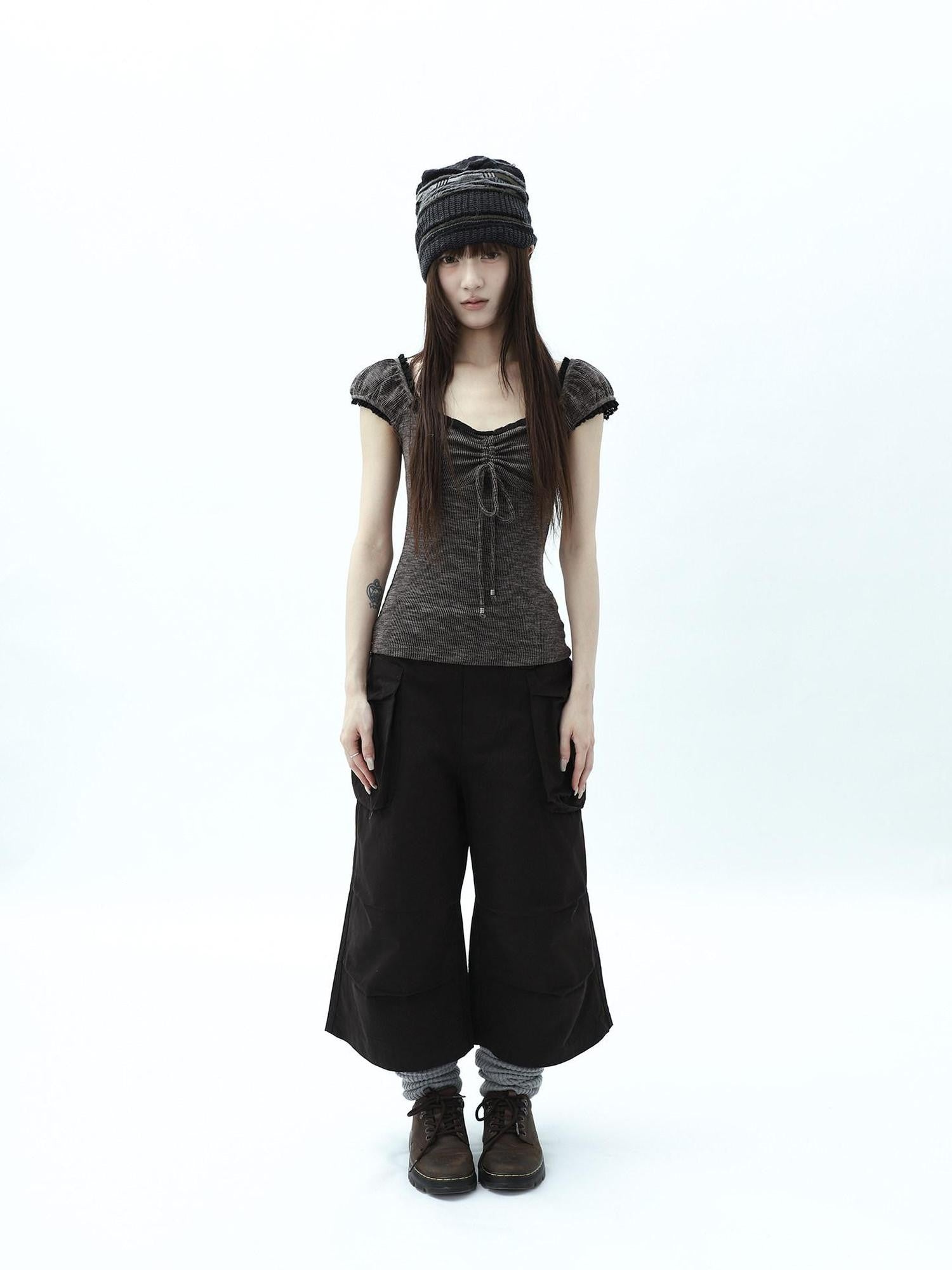 ang project Oatmeal Lace Spliced Pleated Puff Tie Women&