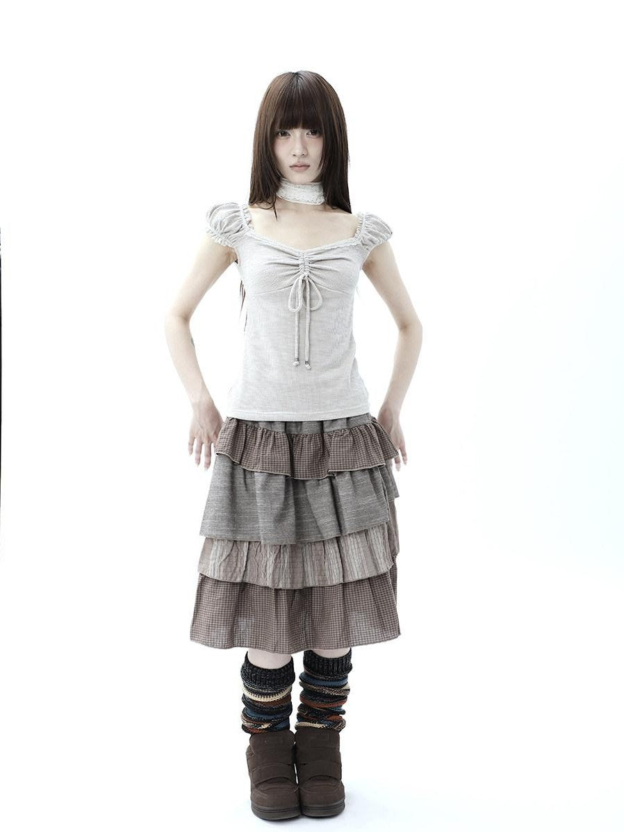 ang project Oatmeal Lace Spliced Pleated Puff Tie Women&