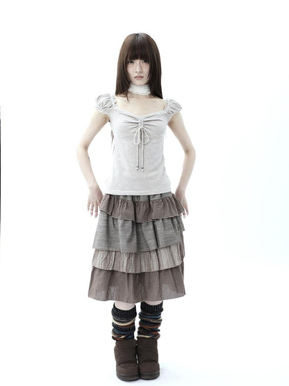 ang project Oatmeal Lace Spliced Pleated Puff Tie Women&