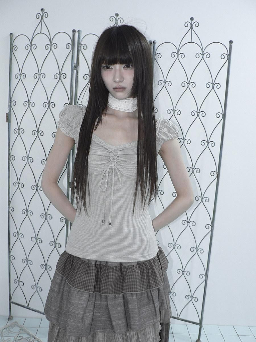 ang project Oatmeal Lace Spliced Pleated Puff Tie Women&