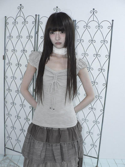 ang project Oatmeal Lace Spliced Pleated Puff Tie Women&