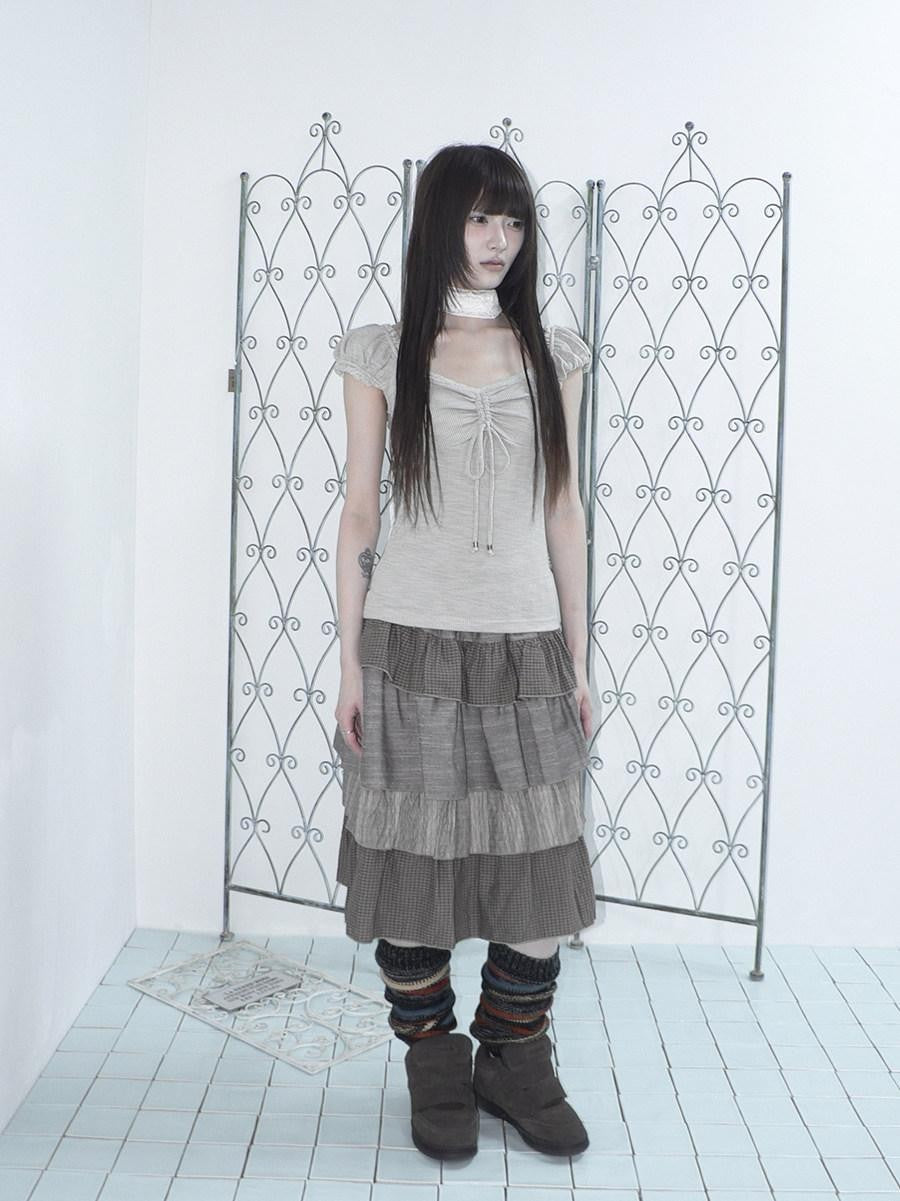 ang project Oatmeal Lace Spliced Pleated Puff Tie Women&