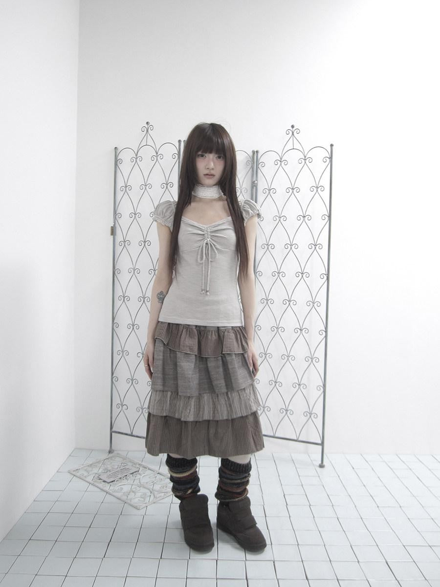 ang project Oatmeal Lace Spliced Pleated Puff Tie Women&