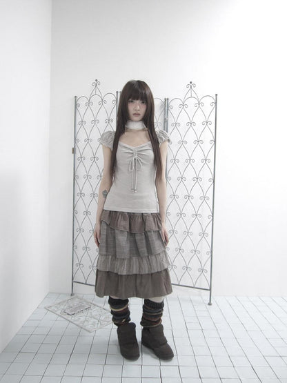 ang project Oatmeal Lace Spliced Pleated Puff Tie Women&