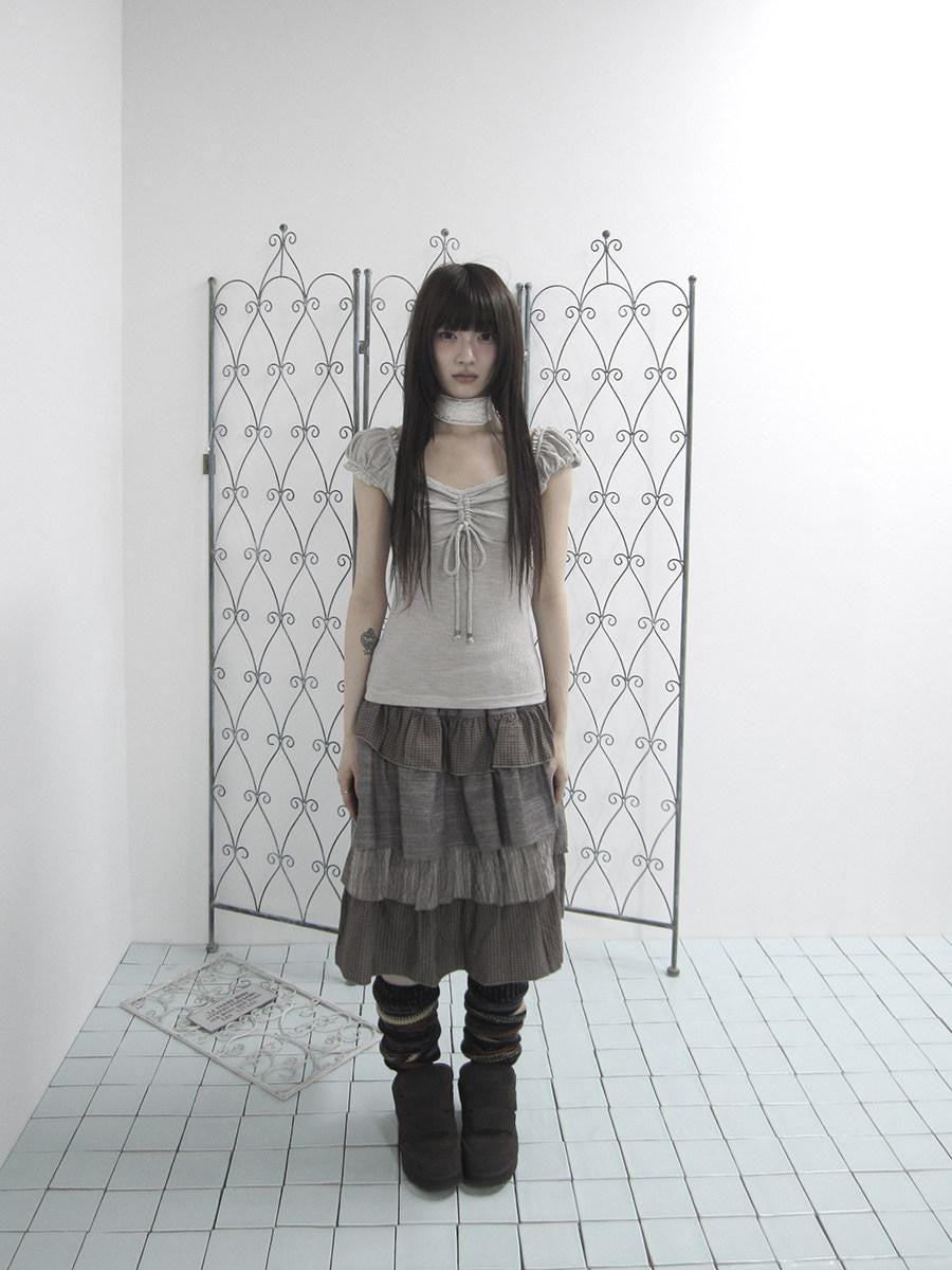 ang project Oatmeal Lace Spliced Pleated Puff Tie Women&