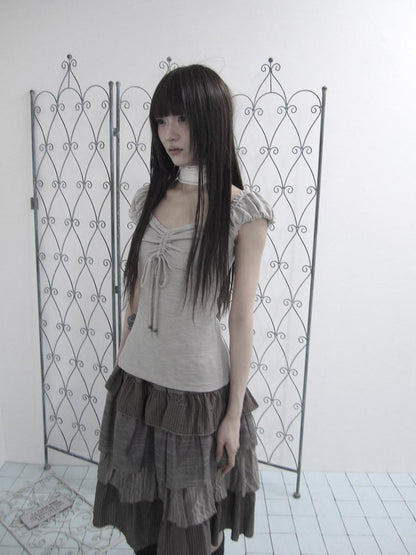 ang project Oatmeal Lace Spliced Pleated Puff Tie Women&
