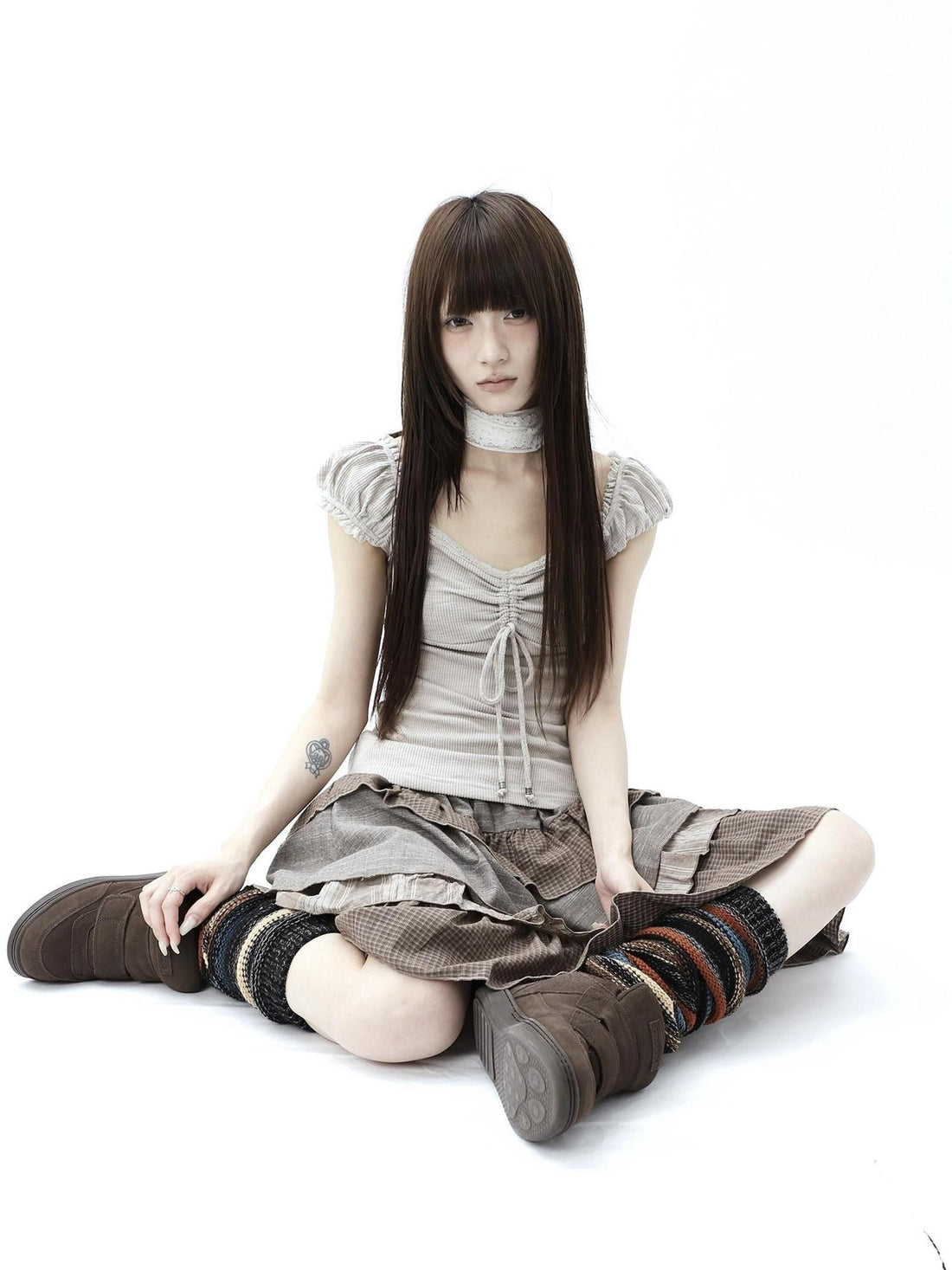 ang project Oatmeal Lace Spliced Pleated Puff Tie Women&