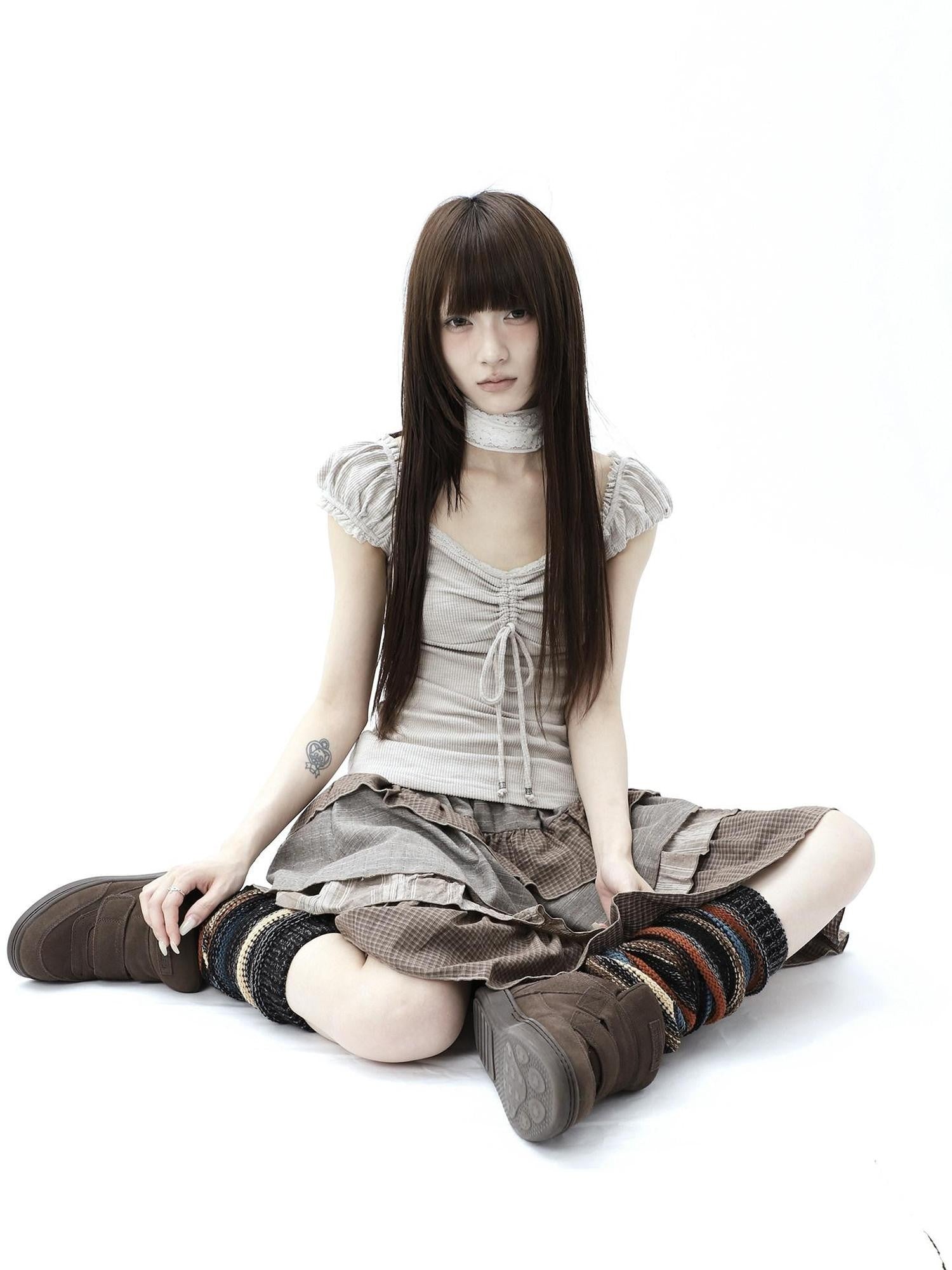 ang project Oatmeal Lace Spliced Pleated Puff Tie Women&
