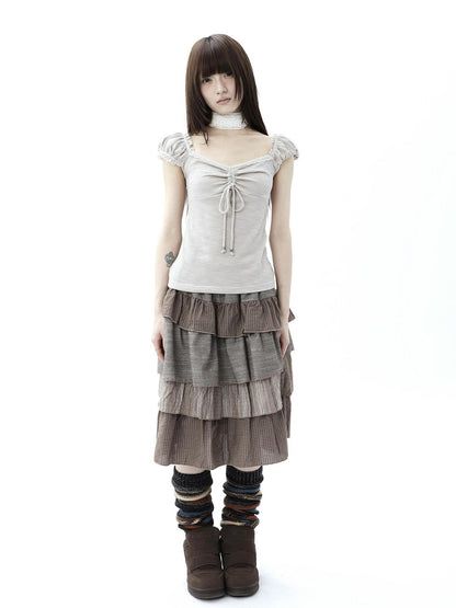 ang project Oatmeal Lace Spliced Pleated Puff Tie Women&