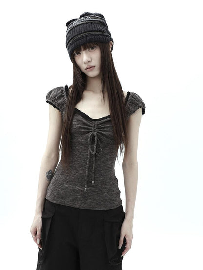 ang project Oatmeal Lace Spliced Pleated Puff Tie Women&