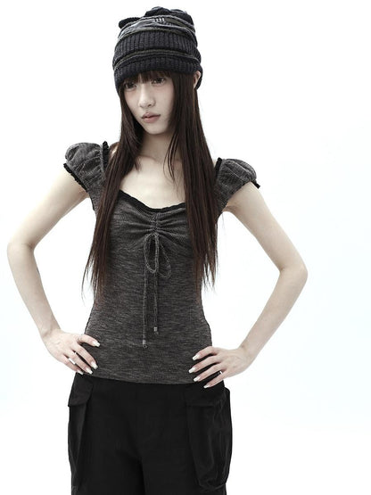 ang project Oatmeal Lace Spliced Pleated Puff Tie Women&
