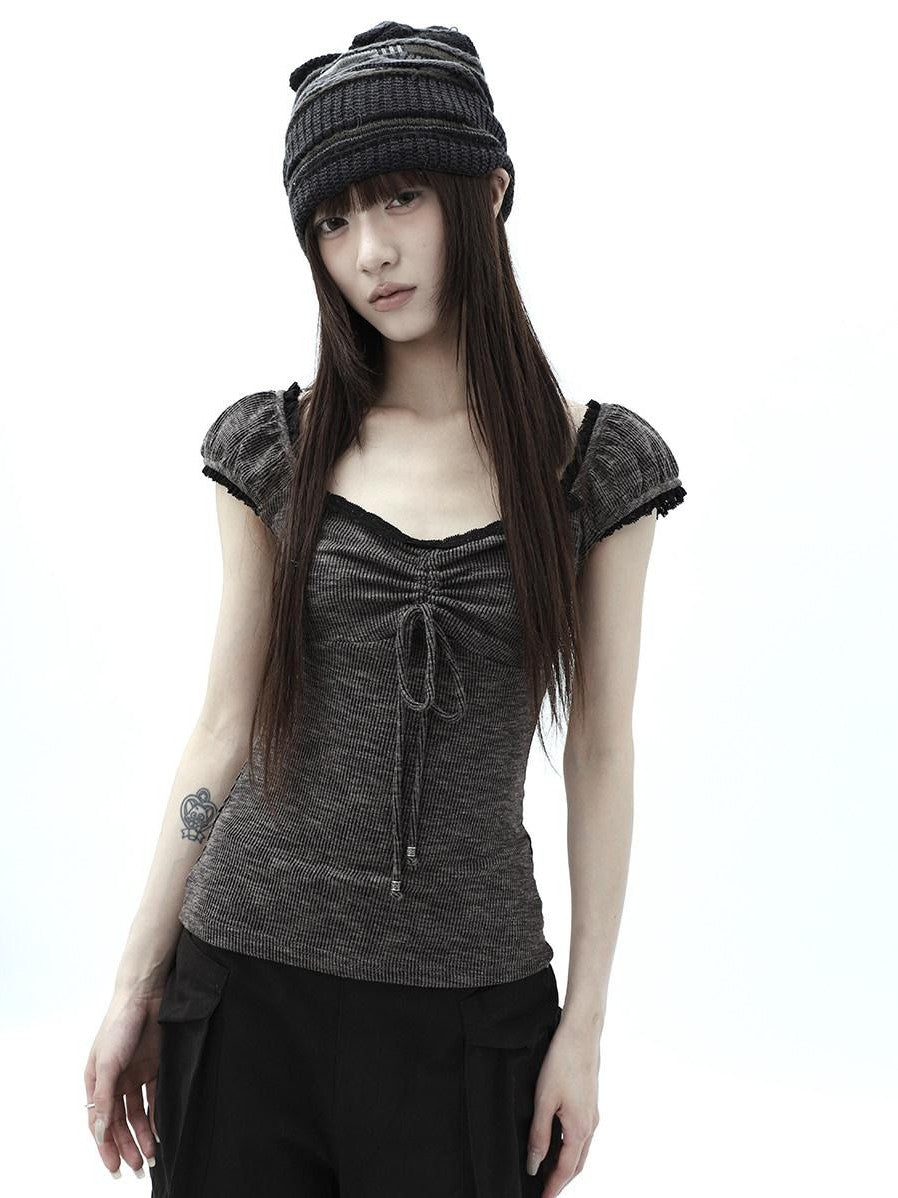 ang project Oatmeal Lace Spliced Pleated Puff Tie Women&