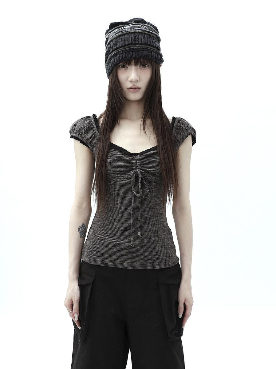 ang project Oatmeal Lace Spliced Pleated Puff Tie Women&