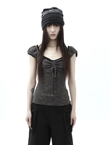 ang project Oatmeal Lace Spliced Pleated Puff Tie Women&