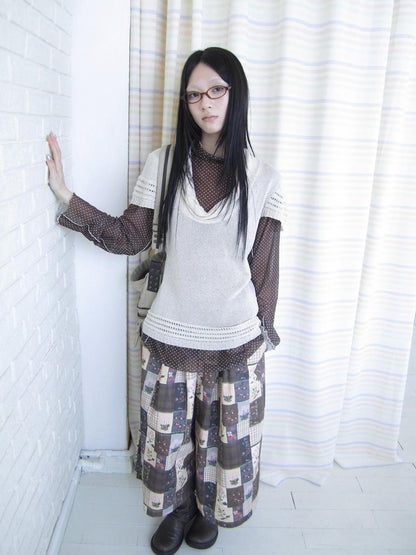ang project Oatmeal Openwork Layered Draped Neckline Women&