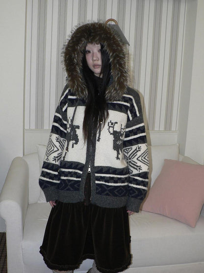 ang project Online Exclusive Vintage Loose Fit Hooded Striped Print Cropped Zip Women Jacket