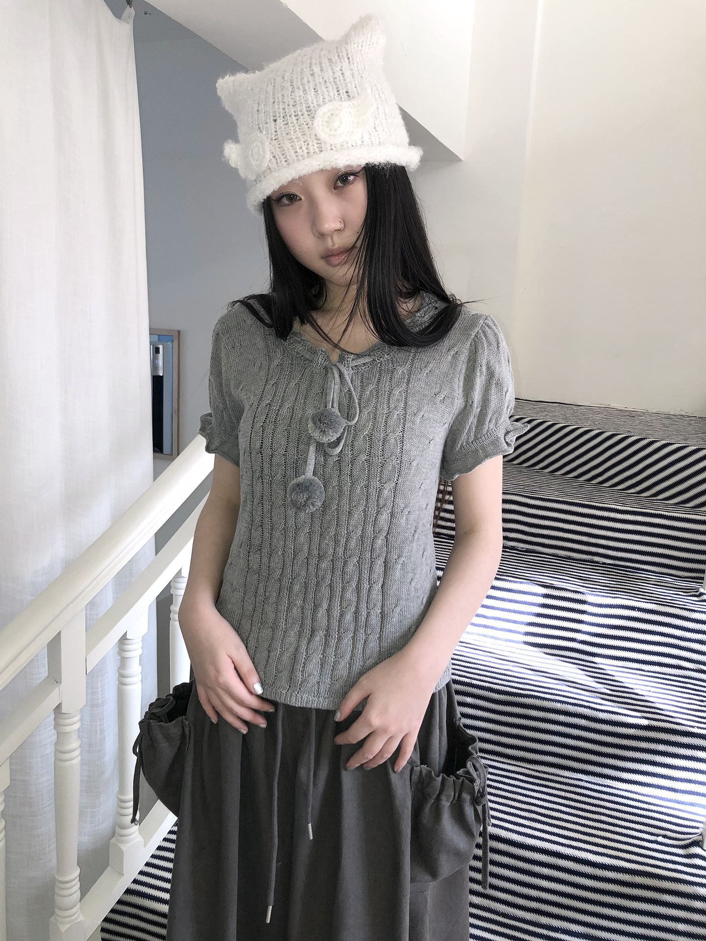 ang_project_Openwork_V-neck_Drawstring_Pompom_Cropped_Short_Sleeve_Women&