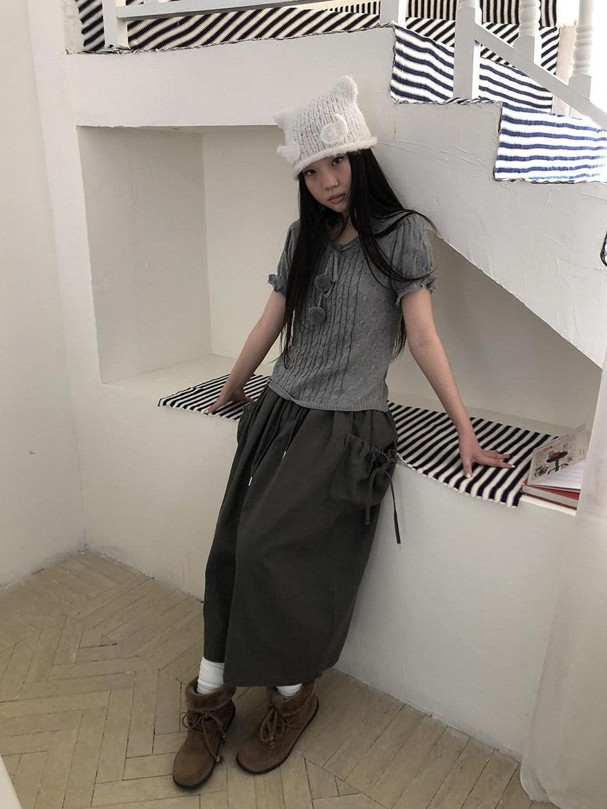 ang project Openwork V-neck Drawstring Pompom Cropped Short Sleeve Women&