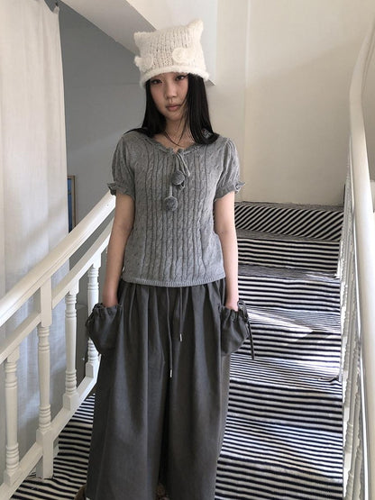 ang project Openwork V-neck Drawstring Pompom Cropped Short Sleeve Women&