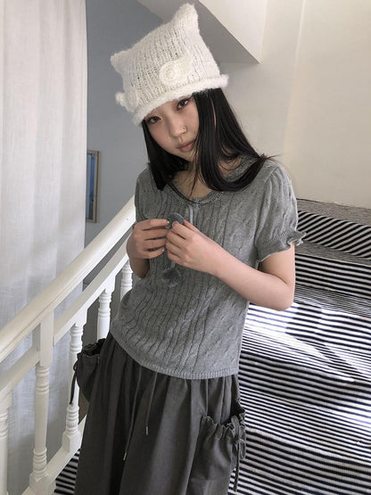 ang project Openwork V-neck Drawstring Pompom Cropped Short Sleeve Women&
