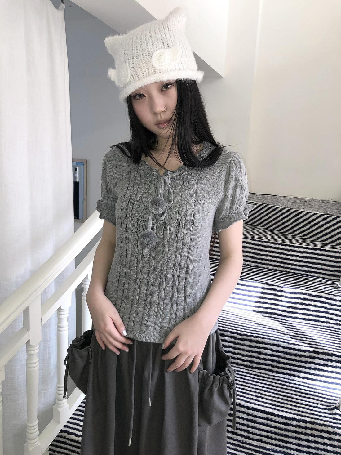 ang project Openwork V-neck Drawstring Pompom Cropped Short Sleeve Women&