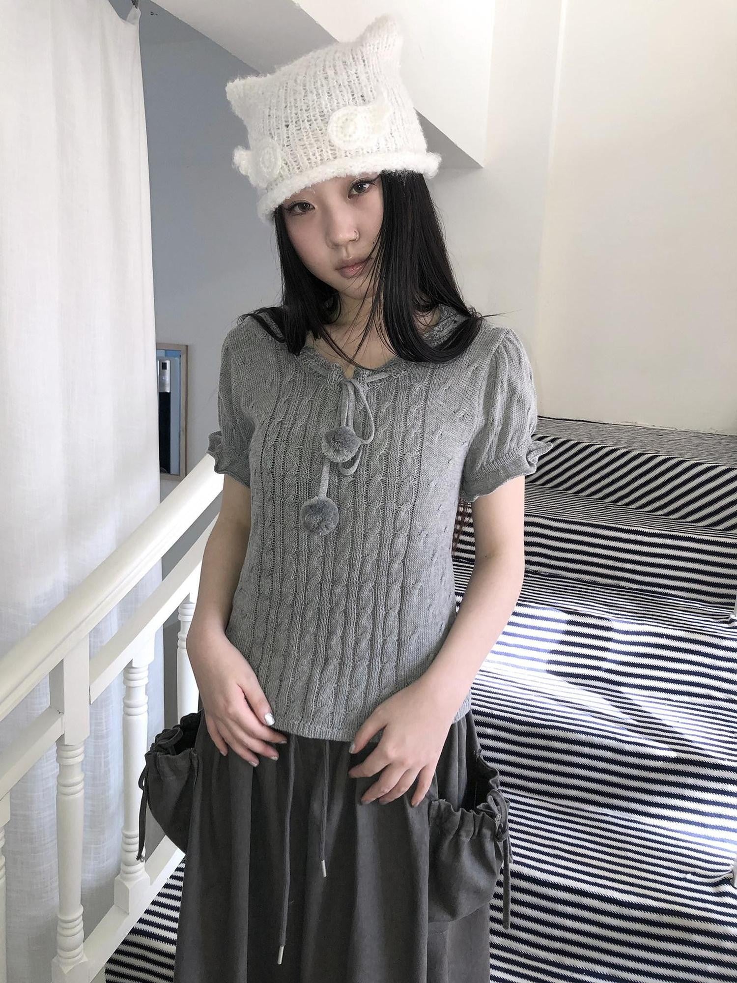 ang project Openwork V-neck Drawstring Pompom Cropped Short Sleeve Women&