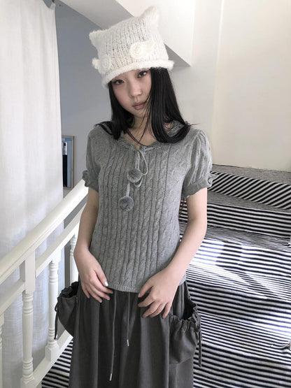 ang project Openwork V-neck Drawstring Pompom Cropped Short Sleeve Women&