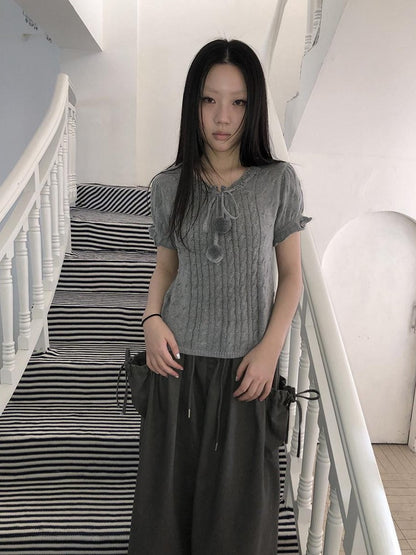 ang project Openwork V-neck Drawstring Pompom Cropped Short Sleeve Women&