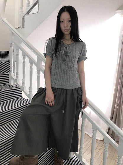 ang project Openwork V-neck Drawstring Pompom Cropped Short Sleeve Women&