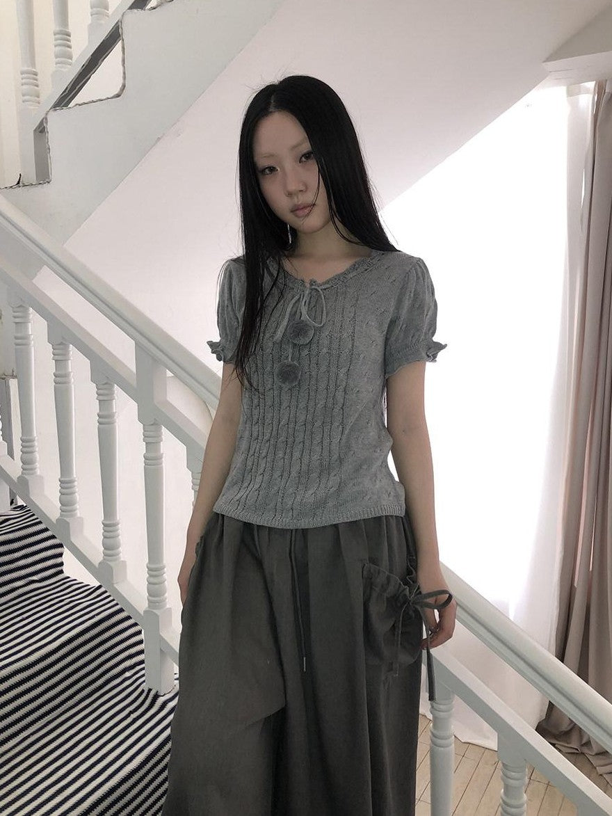 ang project Openwork V-neck Drawstring Pompom Cropped Short Sleeve Women&