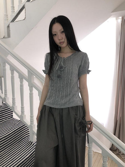 ang project Openwork V-neck Drawstring Pompom Cropped Short Sleeve Women&