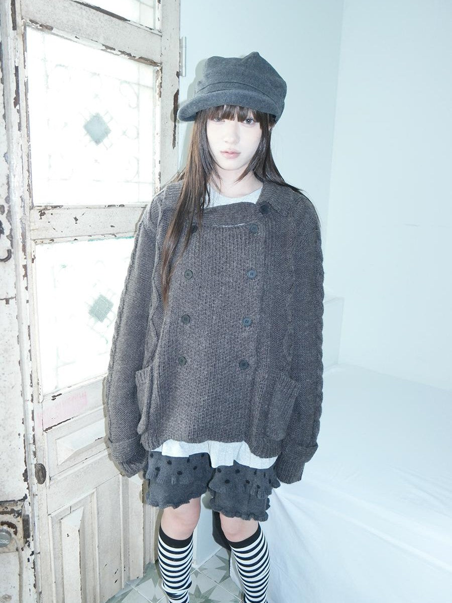 ang project Oversized Cable Knit Double Breasted Cardigan Women&