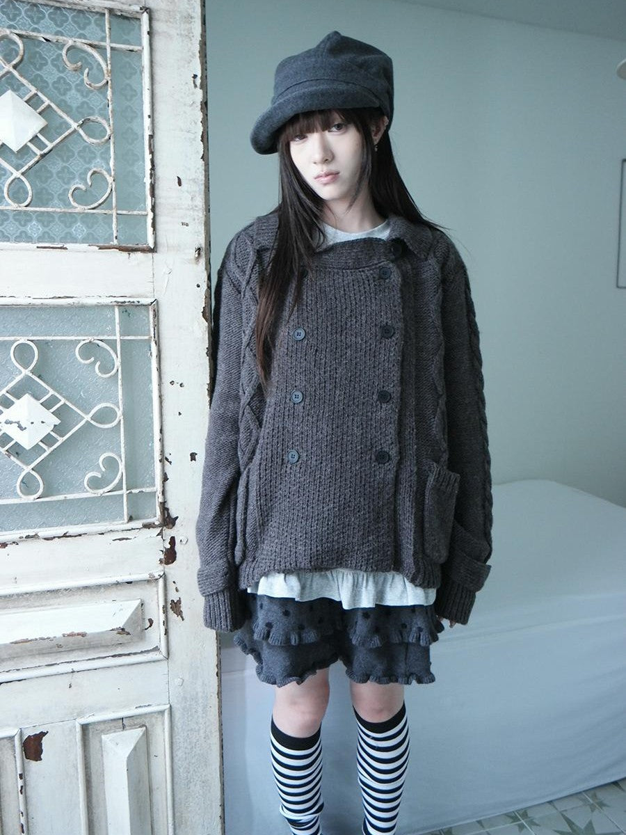 ang project Oversized Cable Knit Double Breasted Cardigan Women&