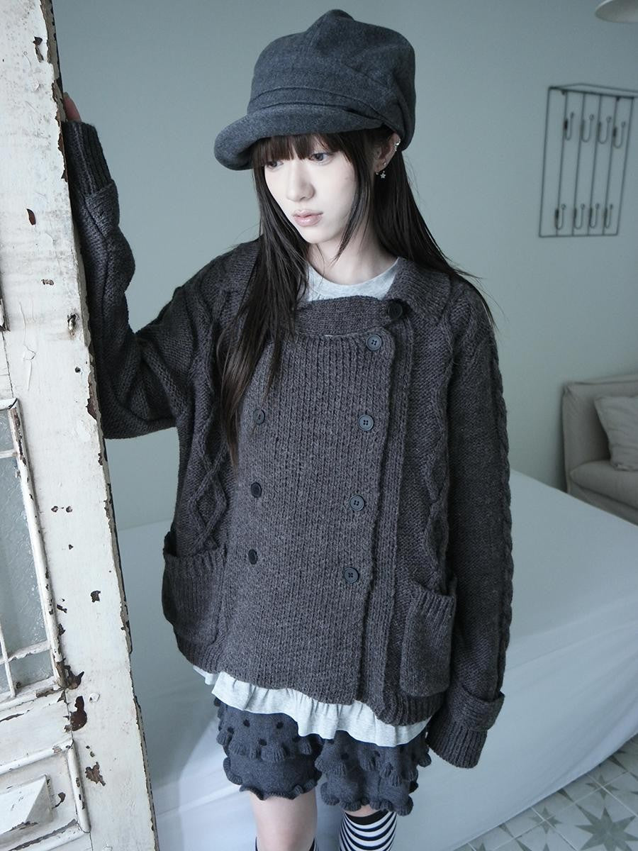 ang project Oversized Cable Knit Double Breasted Cardigan Women&