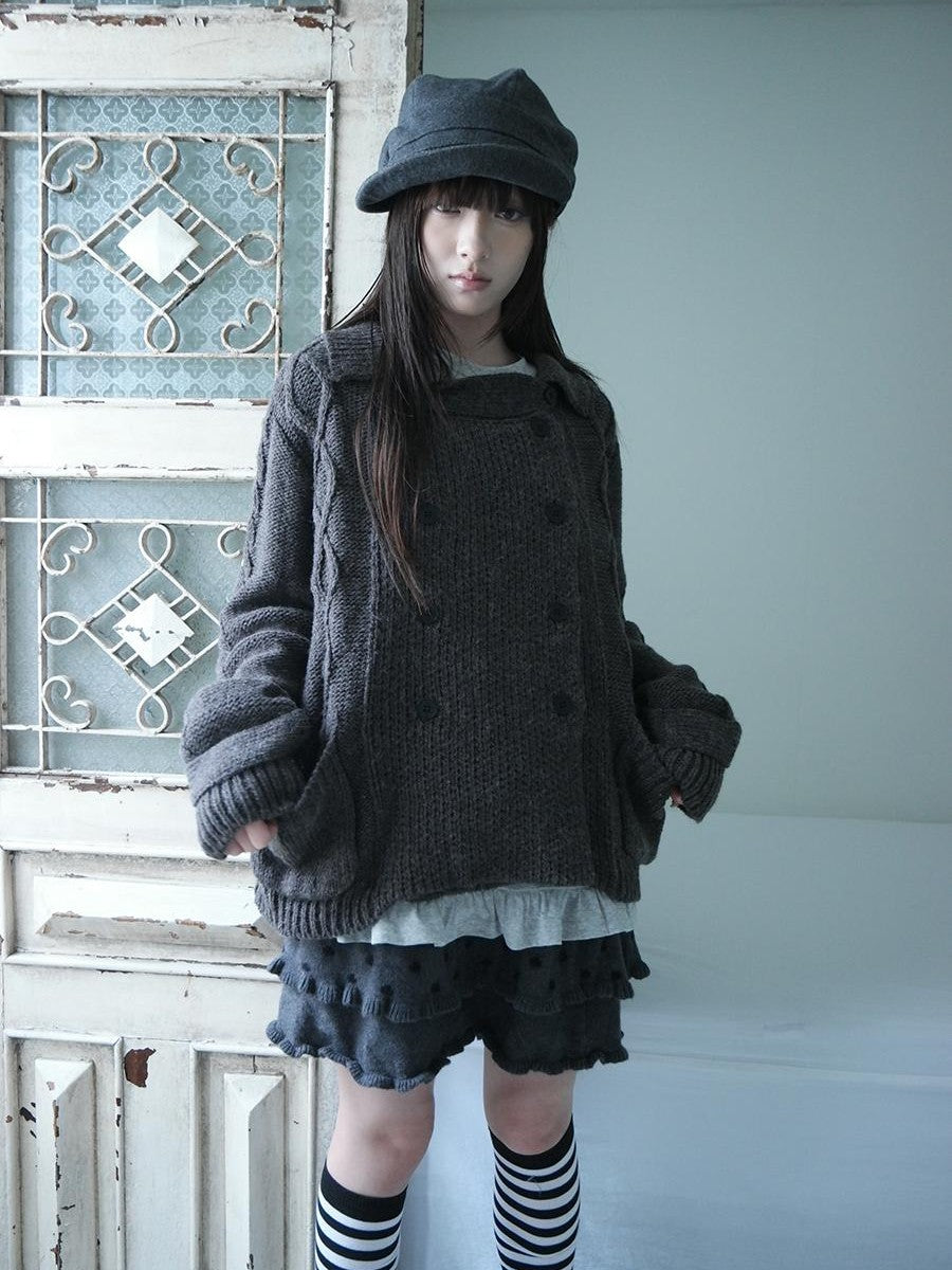 ang project Oversized Cable Knit Double Breasted Cardigan Women&