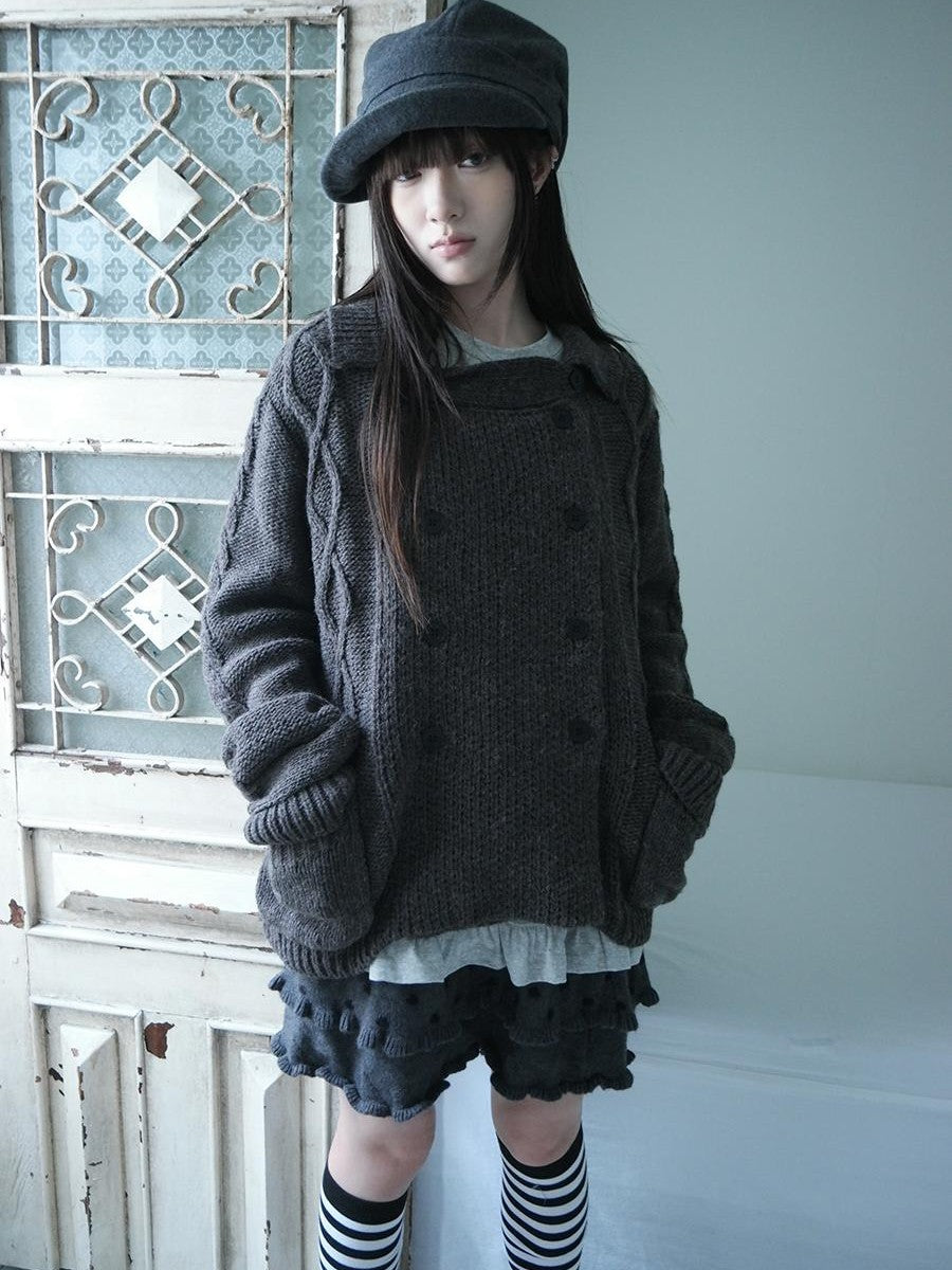 ang project Oversized Cable Knit Double Breasted Cardigan Women&