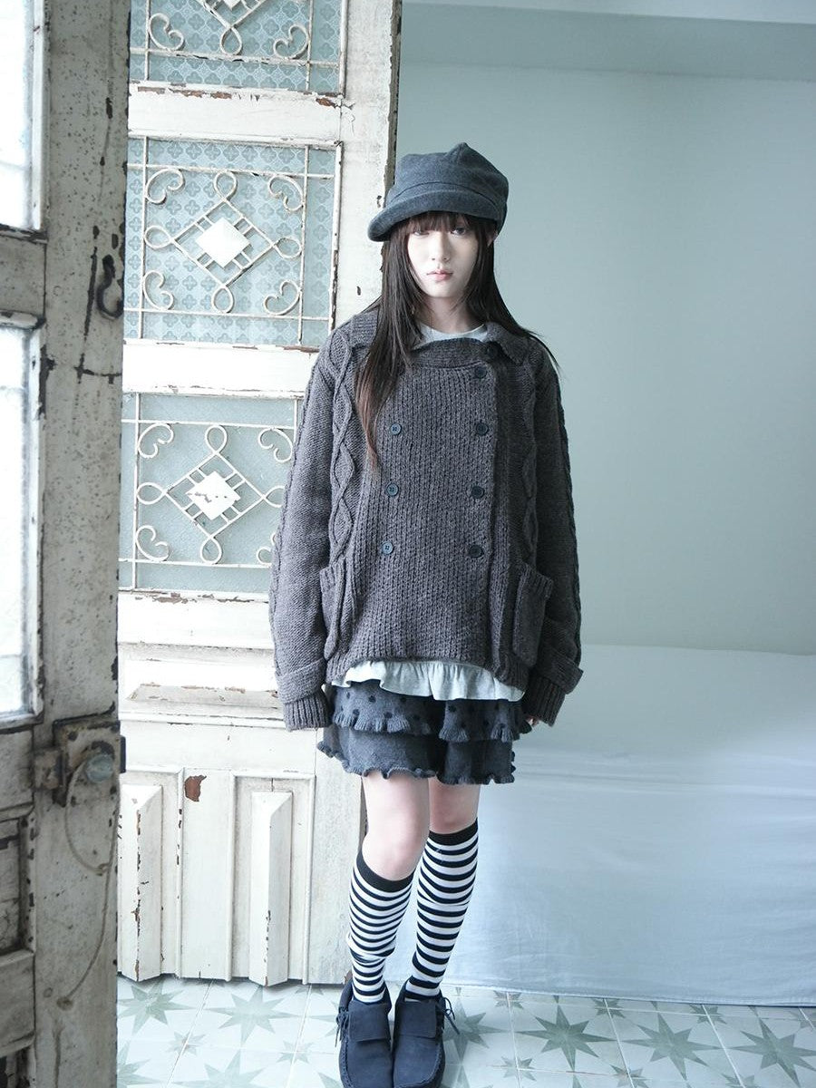 ang project Oversized Cable Knit Double Breasted Cardigan Women&