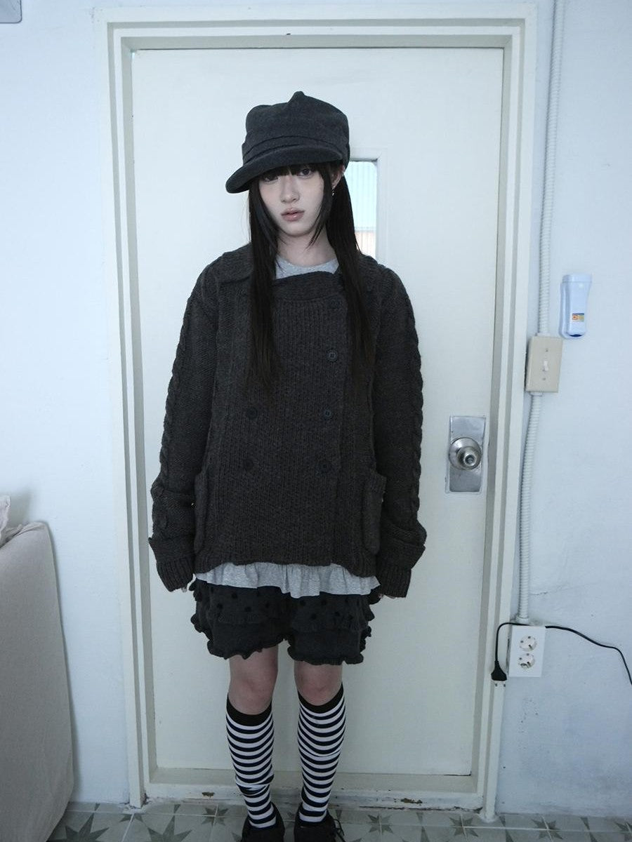 ang project Oversized Cable Knit Double Breasted Cardigan Women&