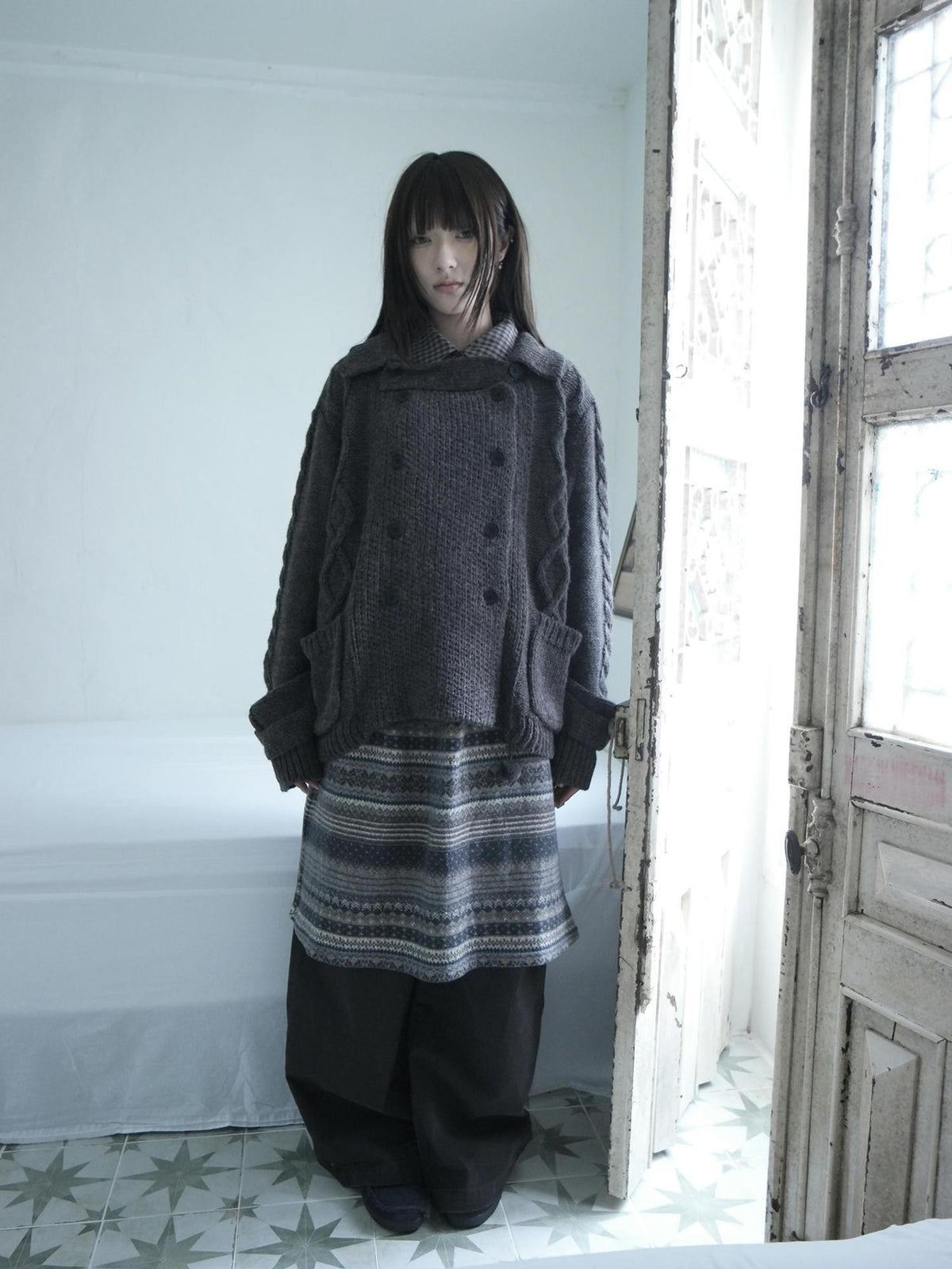 ang project Oversized Cable Knit Double Breasted Cardigan Women&