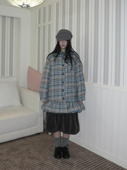 ang project Padded Quilted Vintage Plaid Loose Womens Blue One Size Midi Skirt