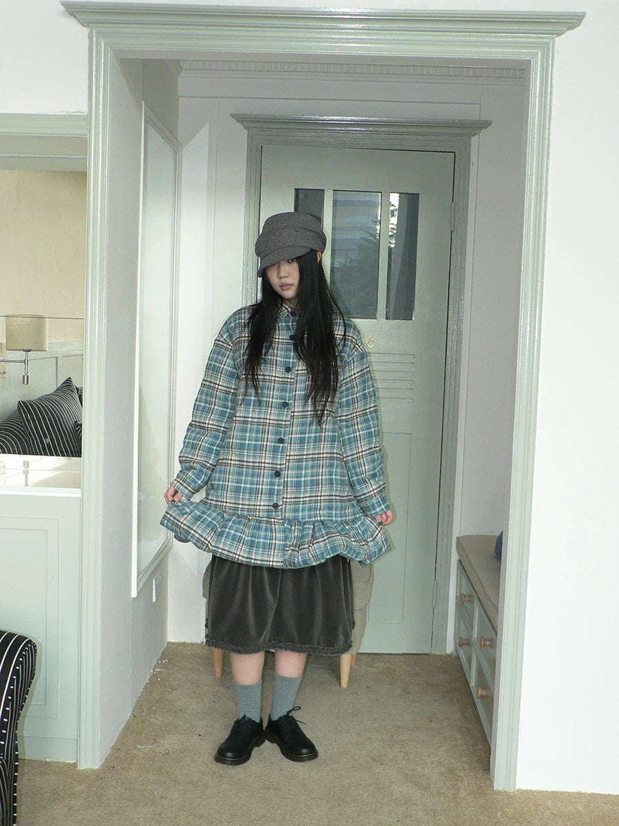 ang project Padded Quilted Vintage Plaid Loose Womens Blue One Size Midi Skirt
