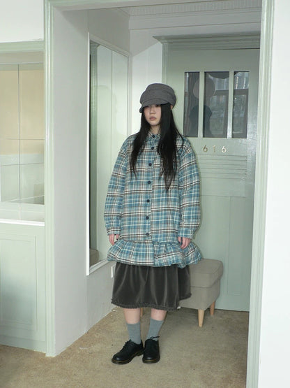 ang project Padded Quilted Vintage Plaid Loose Womens Blue One Size Midi Skirt