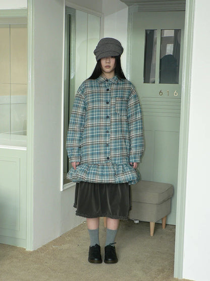 ang project Padded Quilted Vintage Plaid Loose Womens Blue One Size Midi Skirt