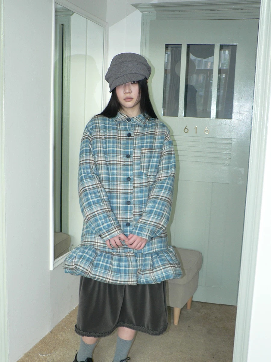 ang project Padded Quilted Vintage Plaid Loose Womens Blue One Size Midi Skirt