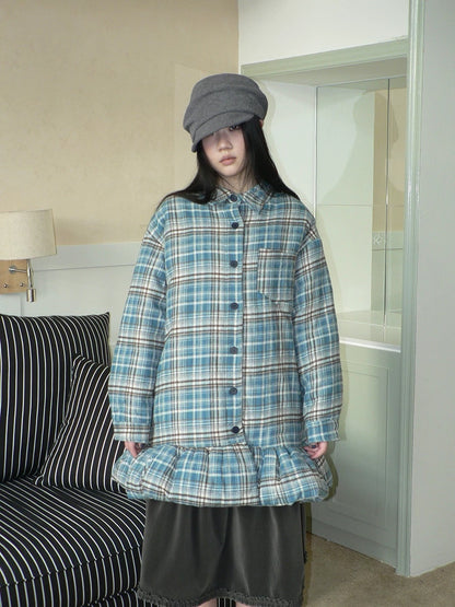 ang project Padded Quilted Vintage Plaid Loose Womens Blue One Size Midi Skirt