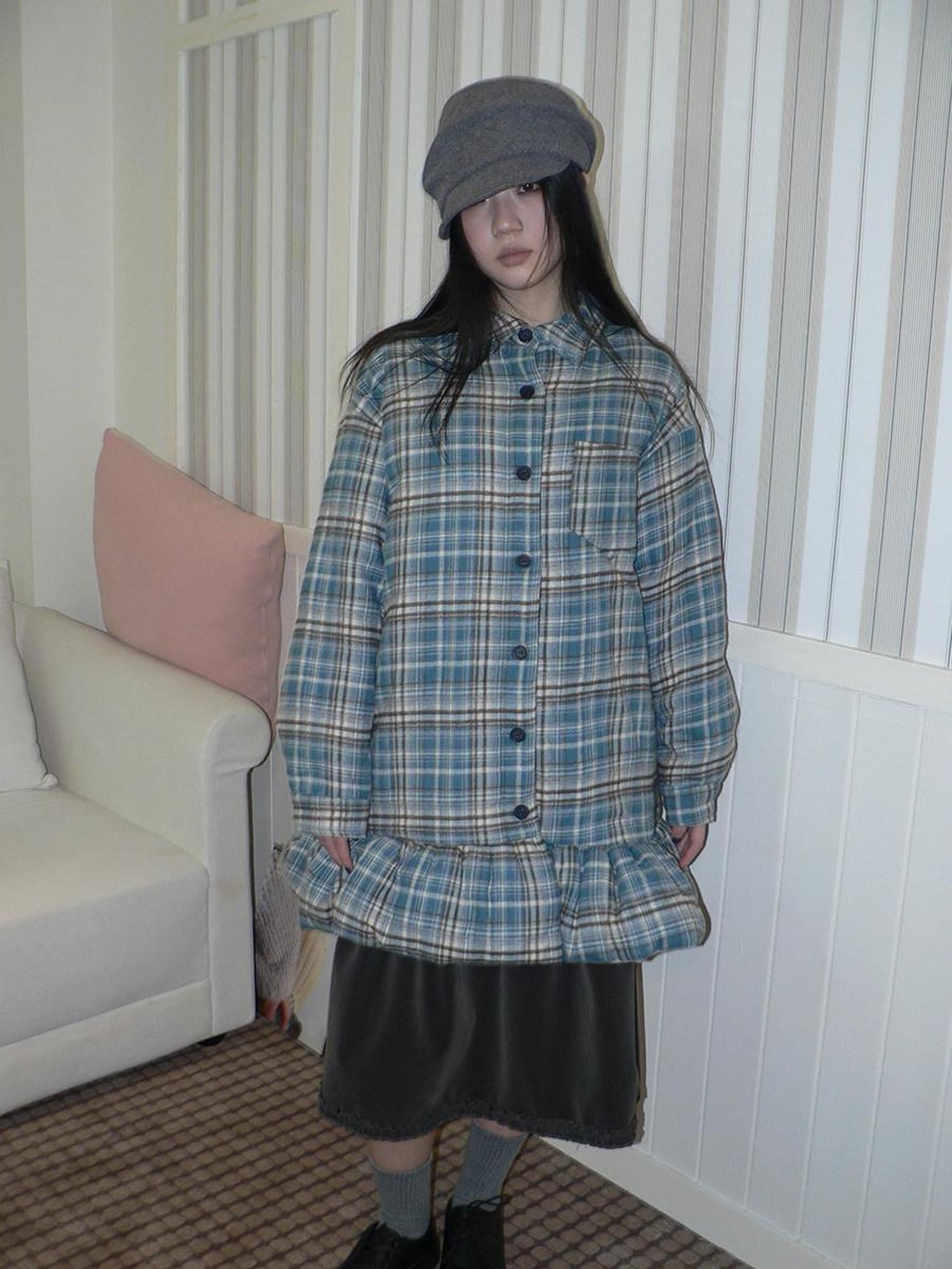 ang project Padded Quilted Vintage Plaid Loose Womens Blue One Size Midi Skirt